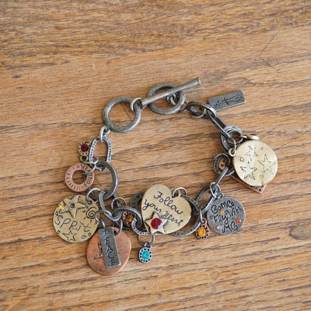 Mixed Metal Inspirational Charm Chunky Bracelet Follow Your Heart Stars Peace